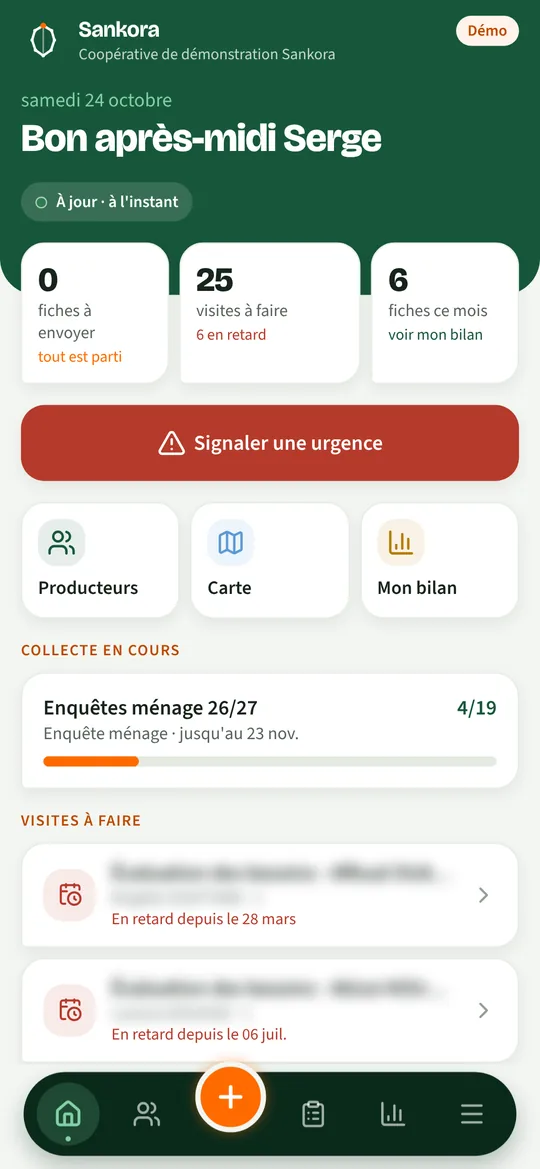 Application Android Data4Child : accueil de l'agent, visites à faire et envoi des fiches